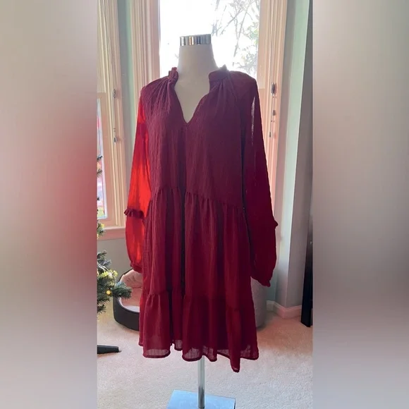 Mare Mare X Anthropologie Anne Lined Dark Red Tiered Ruffled Dress - M - EUC - Picture 1 of 8